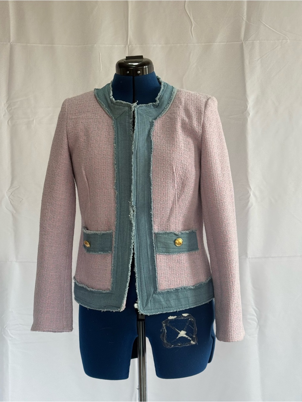 Saks Fifth Avenue Pink Tweed Jacket with Blue-Green Trim